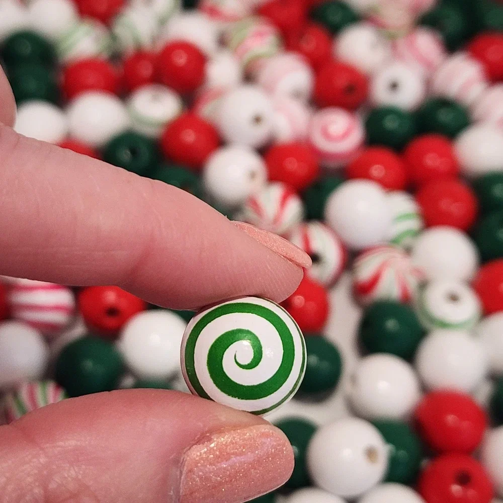 Christmas Wooden Beads Red Green White Peppermint Stripe Spiral Bulk Craft Lot
